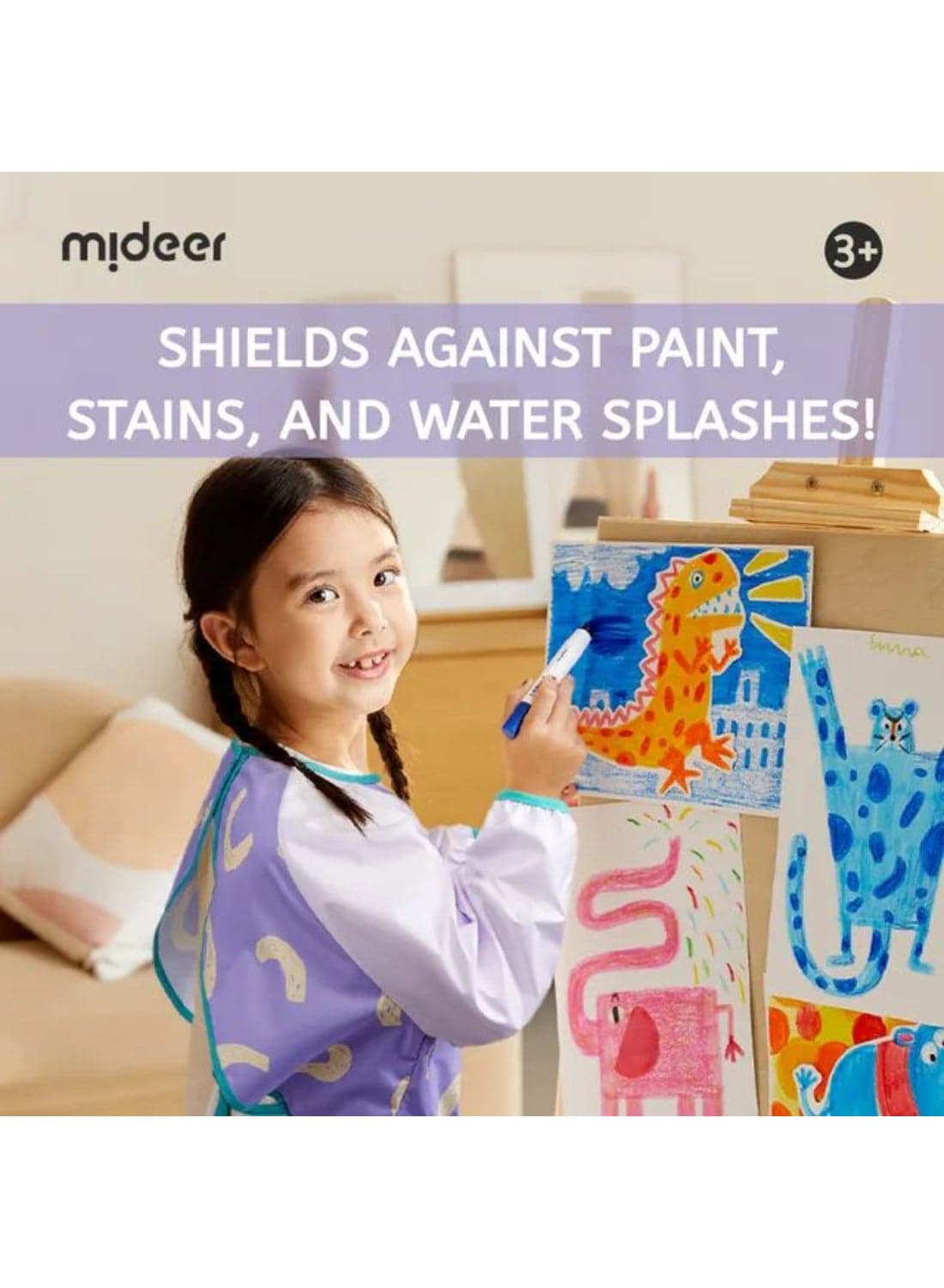 Kids' Waterproof Art Smock – Lilac Purple Painting Apron for Toddlers and Children Ages 3–8 – Long Sleeve, Lightweight, Breathable, and Stain-Resistant with Deep Storage Pockets