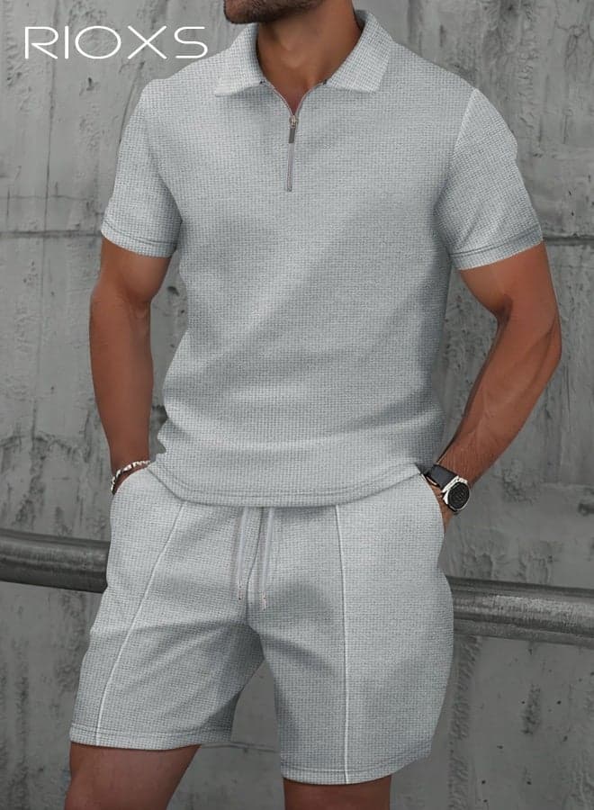 Men's Outfits Set, 2 Piece Casual Tracksuit, 1/4 Metal Zipper Polo Shirt And Shorts, Knit Short Sleeve T Shirt And Drawstring Shorts with Side Pockets, Fashion Set for Work or Daily Wear, Golf Course Outfits, Khaki Leisure Clothings for Men