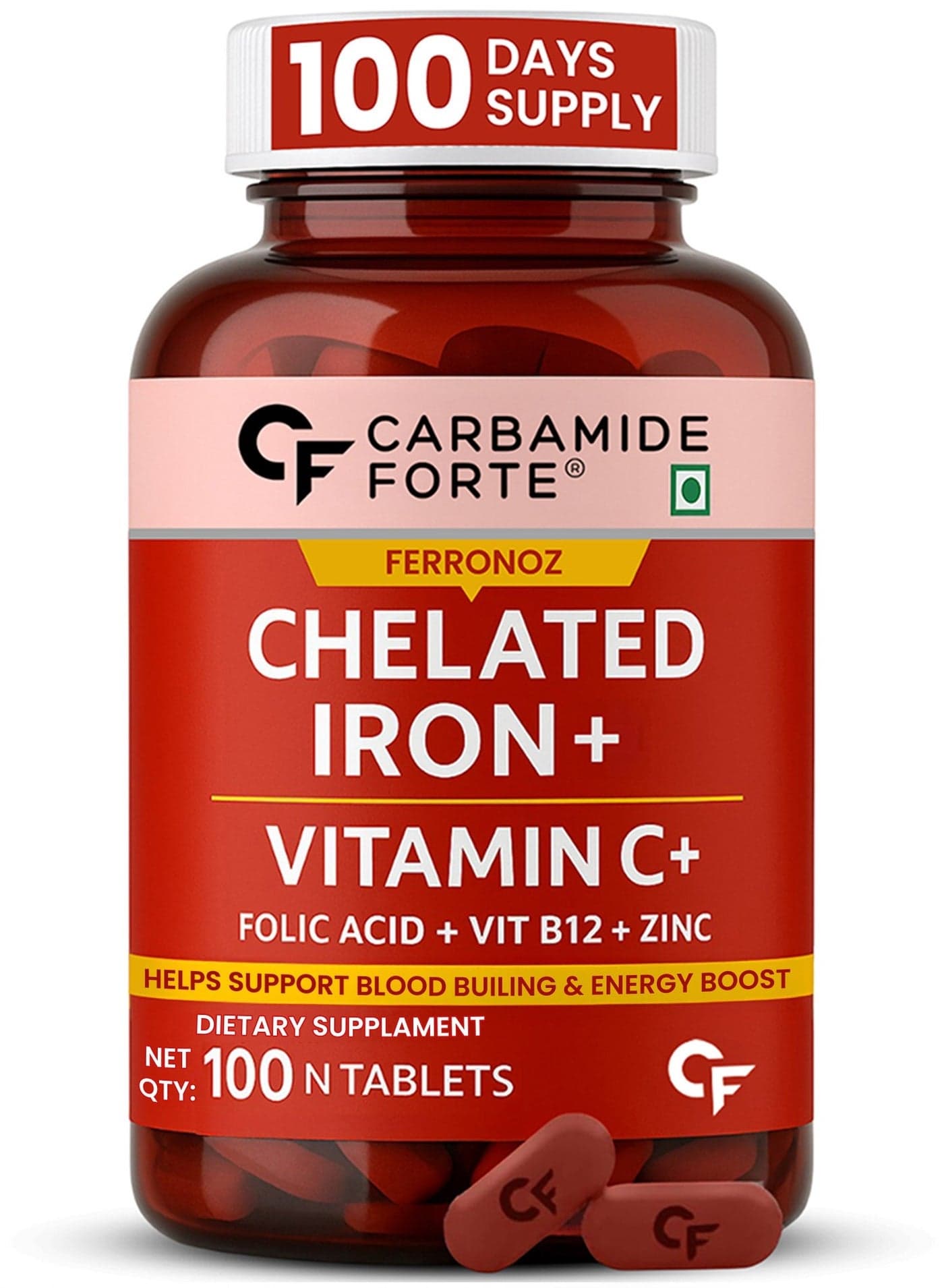 Chelated Iron Supplement For Women And Men With Vitamin C, B12, Zinc 100 Veg Iron And Folic Acid Tablets