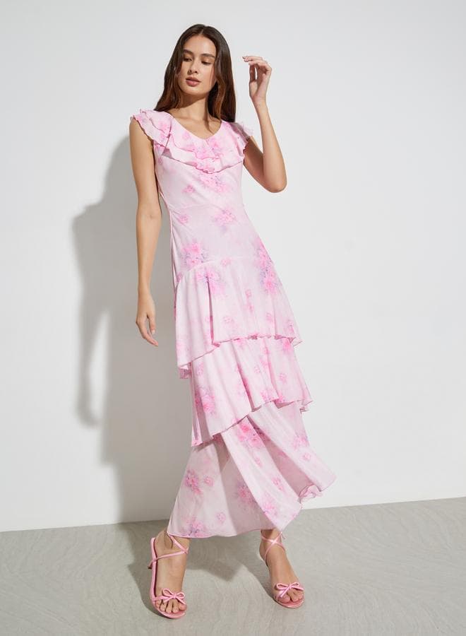 Pink Floral Print Layered Maxi Dress