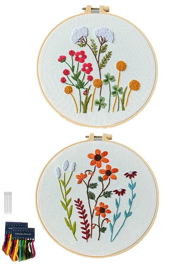 2 Set Hand Embroidery Kit for Beginners,Flower Pattern, Art Craft Hand Sewing for Women Hobby, Kids DIY