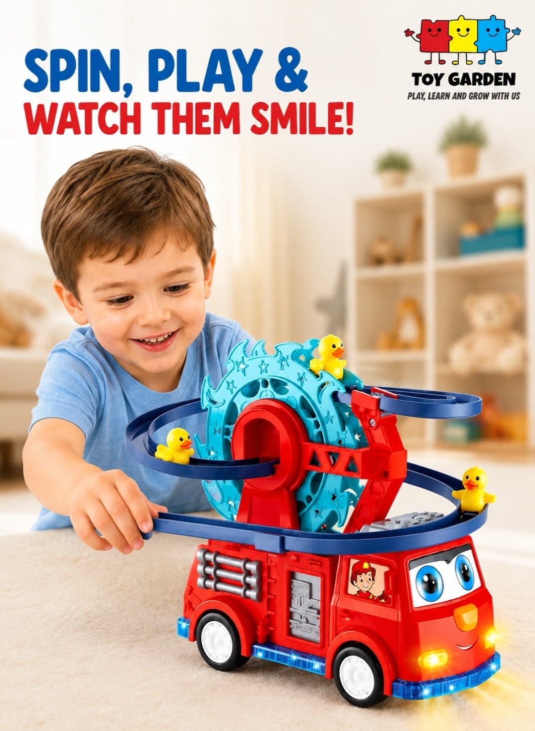 Funny Automatic Ducklings Cartoon Race Track Set, Fire Rail Car Duck Swivel Slide, Little Lovely Duck Slide Escalator Toy with Lights and Music