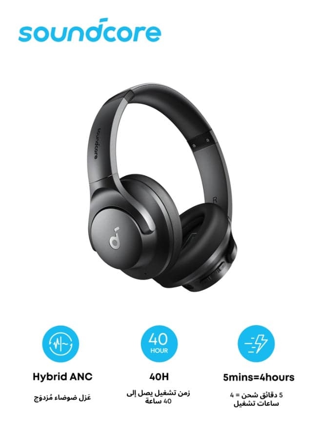 Q20i Hybrid Active Noise Cancelling Foldable Headphones, Wireless Over-Ear Bluetooth, 40H Long ANC Playtime, Hi-Res Audio, Big Bass, Customize via an App, Transparency Mode Black