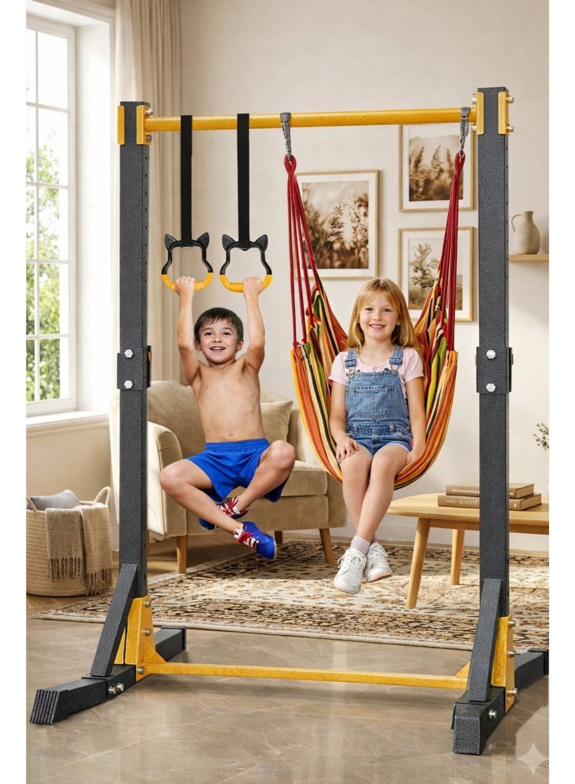 Gymnastics Bars Adjustable Height Gymnastic Horizontal Bars Junior Training Bar Children Folding Training Monkey Bars for Kids Home Gym Equipment with Rings Swings