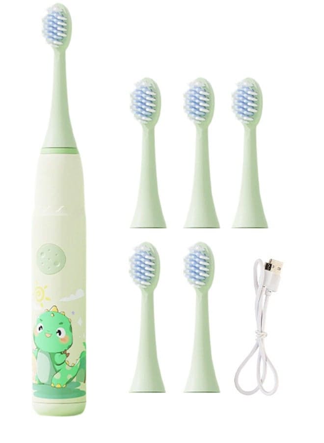 Kids Sonic Rechargeable Electric Toothbrush with Timer, 6 Brush Heads, Dinosaur, Green