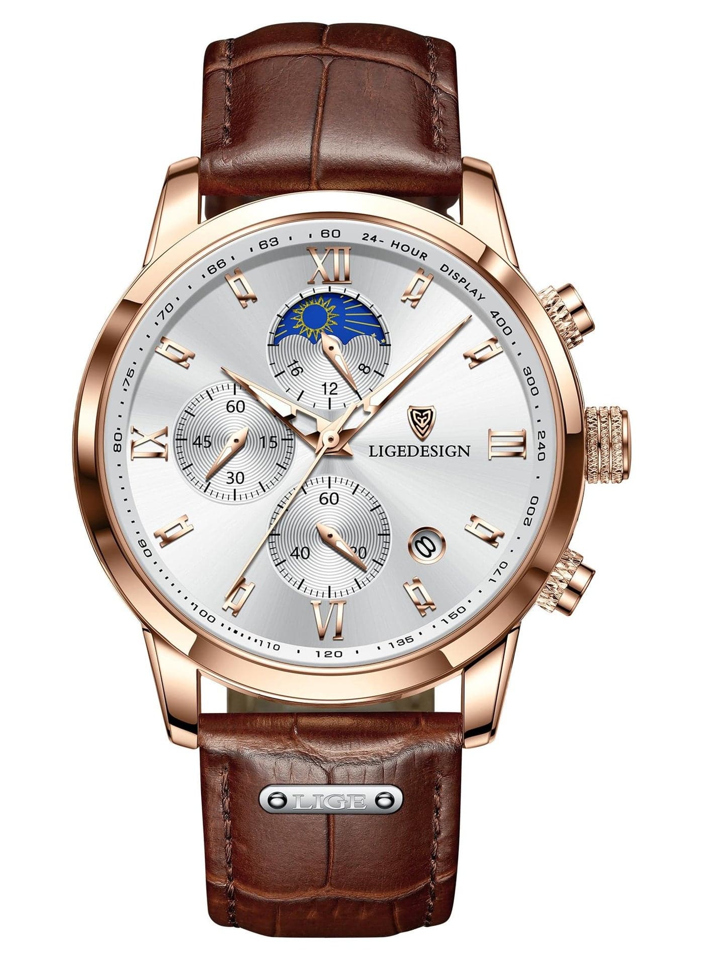 Water Resistant Watches Men's Chronograph Quartz Watch for Men Business with Luxury Leather Band Brown