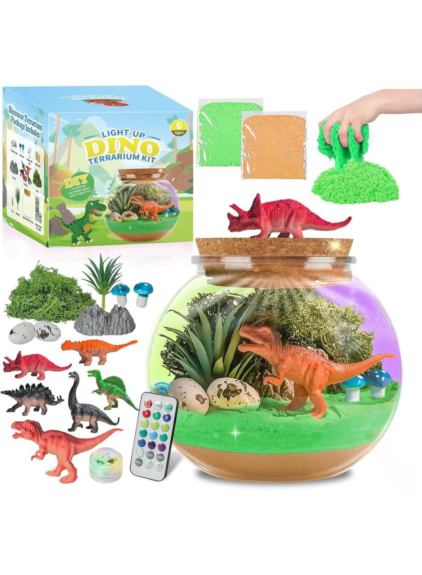 Kids' Dinosaur Terrarium Craft Kit – Creative Dinosaur Gift for Ages 4 and Up, Includes LED Night Light and Remote Control, Perfect for Boys' Holiday and Birthday Presents.