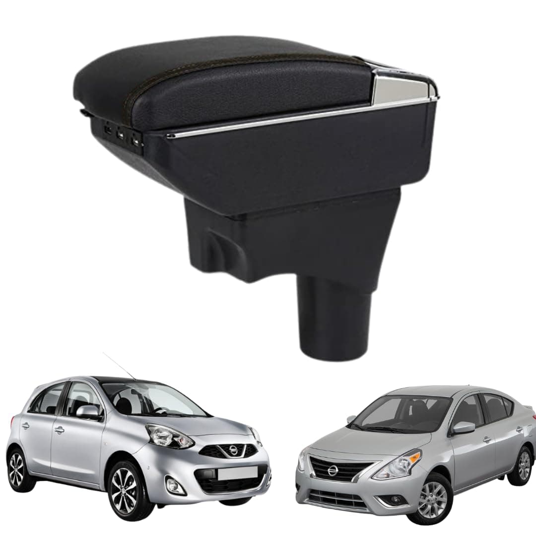 TRX AUTO Armrest For Nissan Micra 2010-2025/Sunny 2008-2025 | Sliding Adjustable Armrest Design | Multi-Layer Console with Storage Compartments, Cup Holder | Nissan Micra/Sunny Interior Accessories