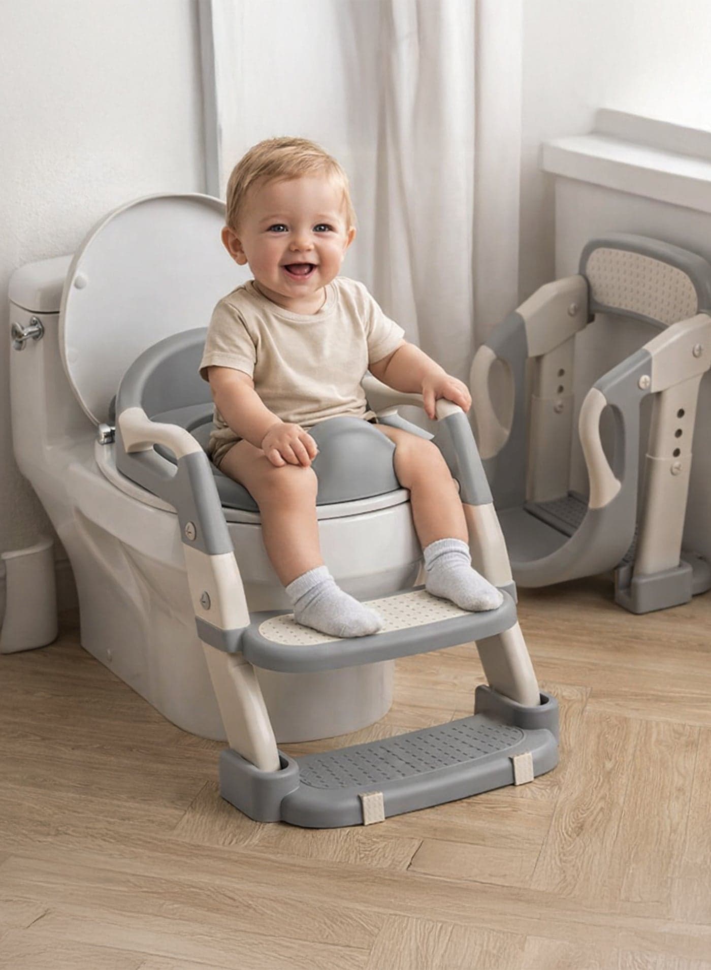 Baby Potty Training Seat with Ladder | Foldable Toddler Toilet Training Seat with Step Stool | Adjustable Non-Slip Baby Potty Chair with Splash Guard & Cushion | Toddler Toilet Trainer for Boys & Girls (1–7 Years)