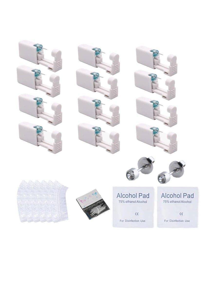 12 Pairs No Pain Ear Piercing Kit, Disposable Self Piercing Gun with 24Pcs Ear Studs & Cleaning Tools, Portable Nose Ear Piercer for Home Household Use, Safe Easy-to-Use Body Piercing Tools for Men Women(216)