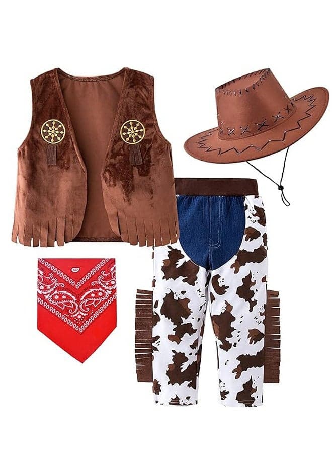 Kids Cowboy Costume, Western Cowboys Cowgirls Outfits with Sleeveless Vest Hat Neck Scarf, Cosplay set for girls & boys Festival Carnival Halloween