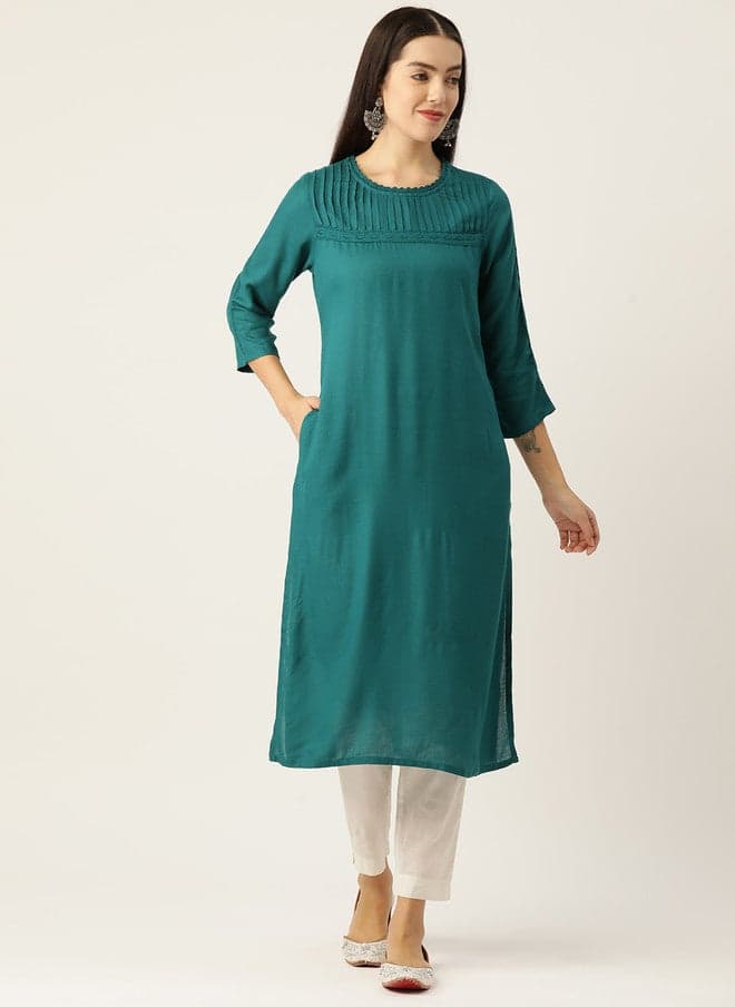 Solid Green Liva Straight Kurta for Women