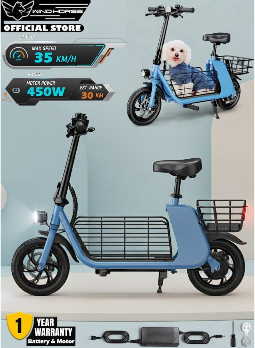 C2 Cargo Electric Scooter 450W Motor, 35KM/H Speed, 36V 8Ah Battery, 25–30KM Range, Aluminum Alloy Frame, Dual Disk Brakes, Large Front and Rear Storage Baskets, 12-Inch Tires – Ideal for Delivery, Commuting and Urban Rides