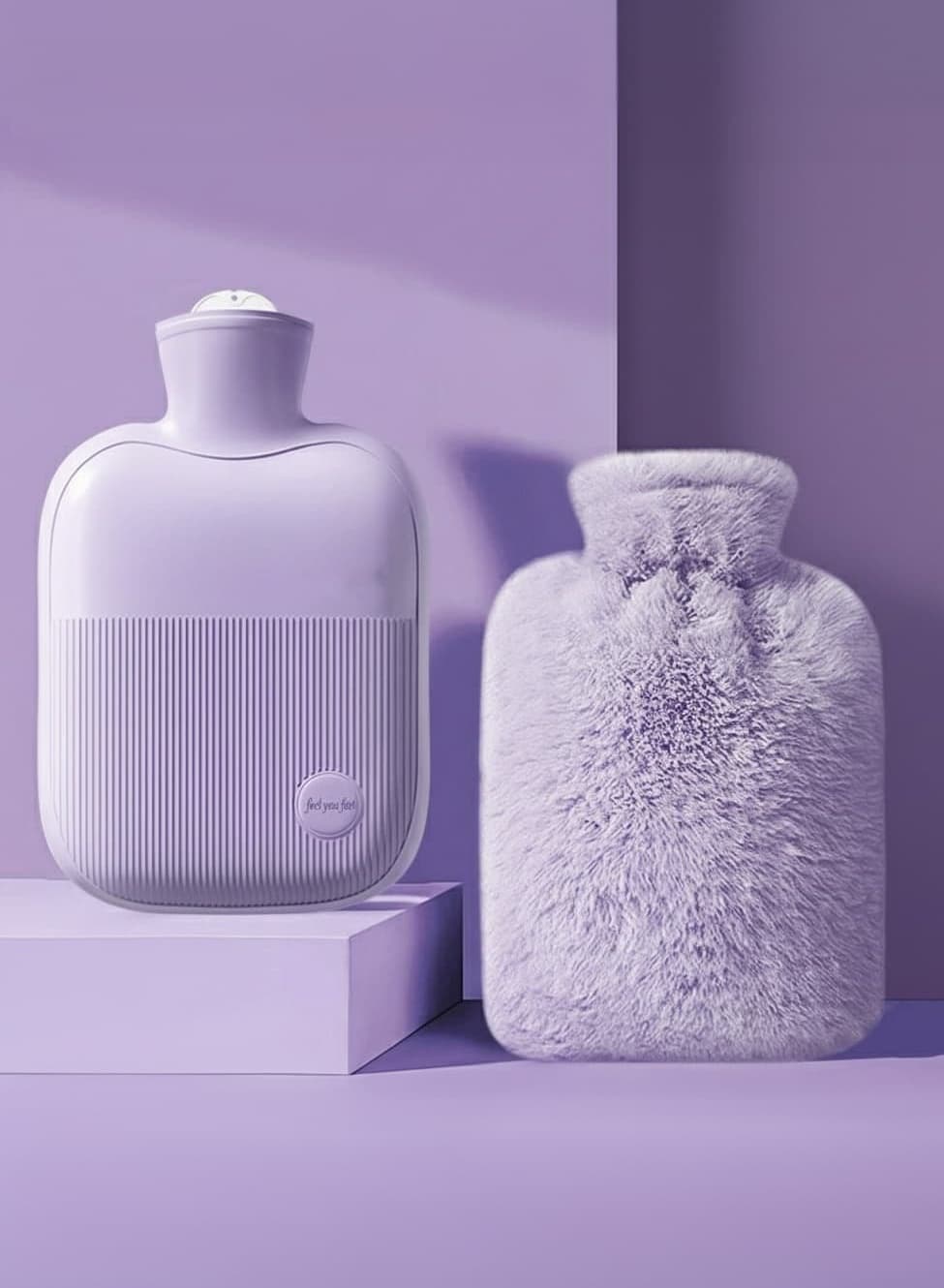 2000ml Hot Water Bag with Soft Plush Cover, Leakproof Reusable Rubber Hot Water Bottle for Pain Relief, Menstrual Cramps, Neck, Shoulder, and Back Warmth (Purple)