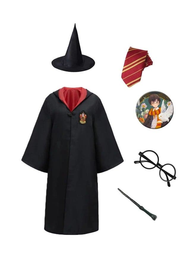 Harry Costume,6PCS Potter COS Performing Costume,Wizard School Robe, Wand, Tie, Hat,Glasses and Badge,Kit Gift for Boys and Girls School Costume Robe
