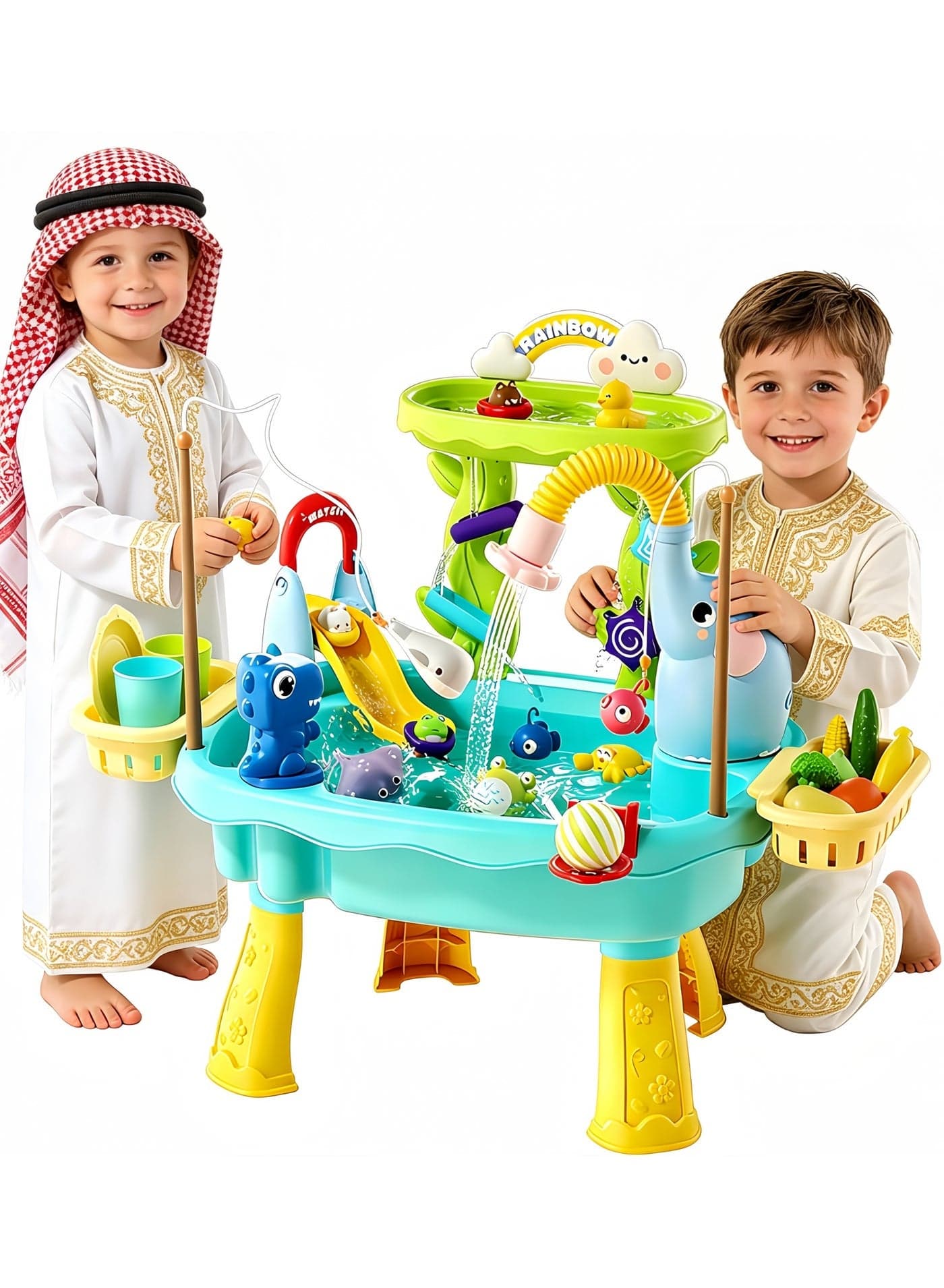 2027 Upgraded 4-in-1 Sand Water Table for Toddlers 3+, Kids Sensory Table with Electric Water Pump & Elephant Faucet, Play Kitchen Sink with Food Accessories, Fishing Toy ,Kitchen Play Sink Toys for Girl Boy Age 4-8(Blue)