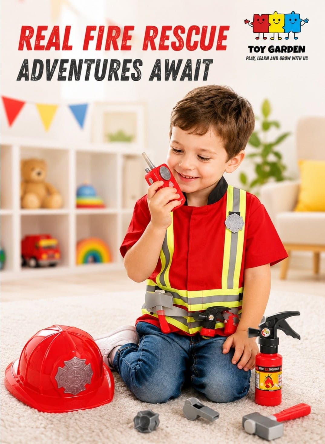 Firefighter Costume Set for Kids | Fireman Role Play Outfit with Jacket, Cap, Toy Fire Axe & Accessories | Preschool Boys and Girls Dress-Up Costume Set for Halloween, School Events, and Pretend Play | Costumes, Reenactment & Theater Toys