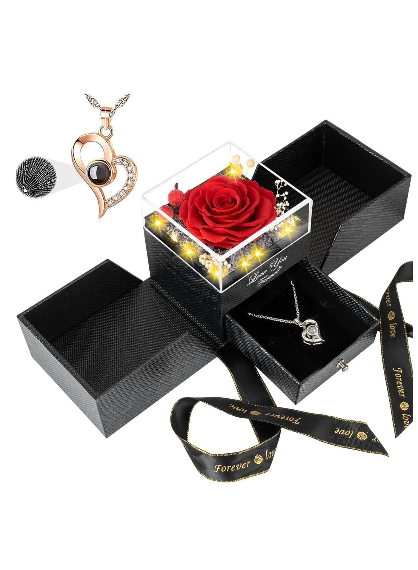 Birthday Gift for Women, Handmade Preserved Rose Jewelry Box, Love You Necklace in 100 Languages Gift for Girlfriend Mother Wife
