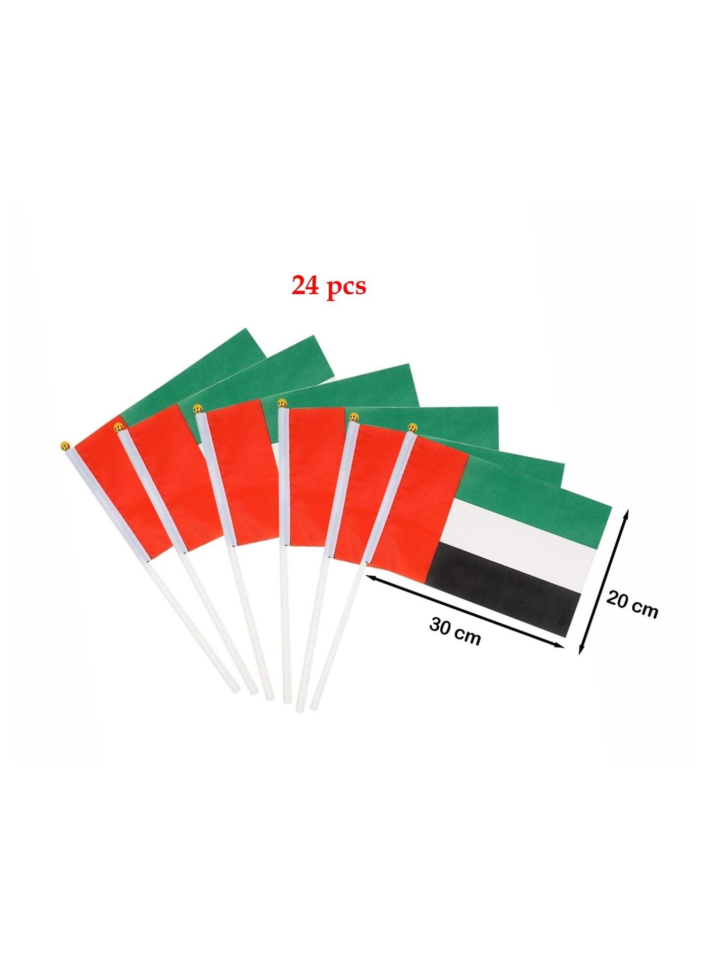 24 PCS UAE Flags 20x30 cm | Satin Fabric UAE Flags with Stick, outdoor and indoor decoration, for building, offices apartments & Villa| National Day Celebration Flags | Party & Event Supplies
