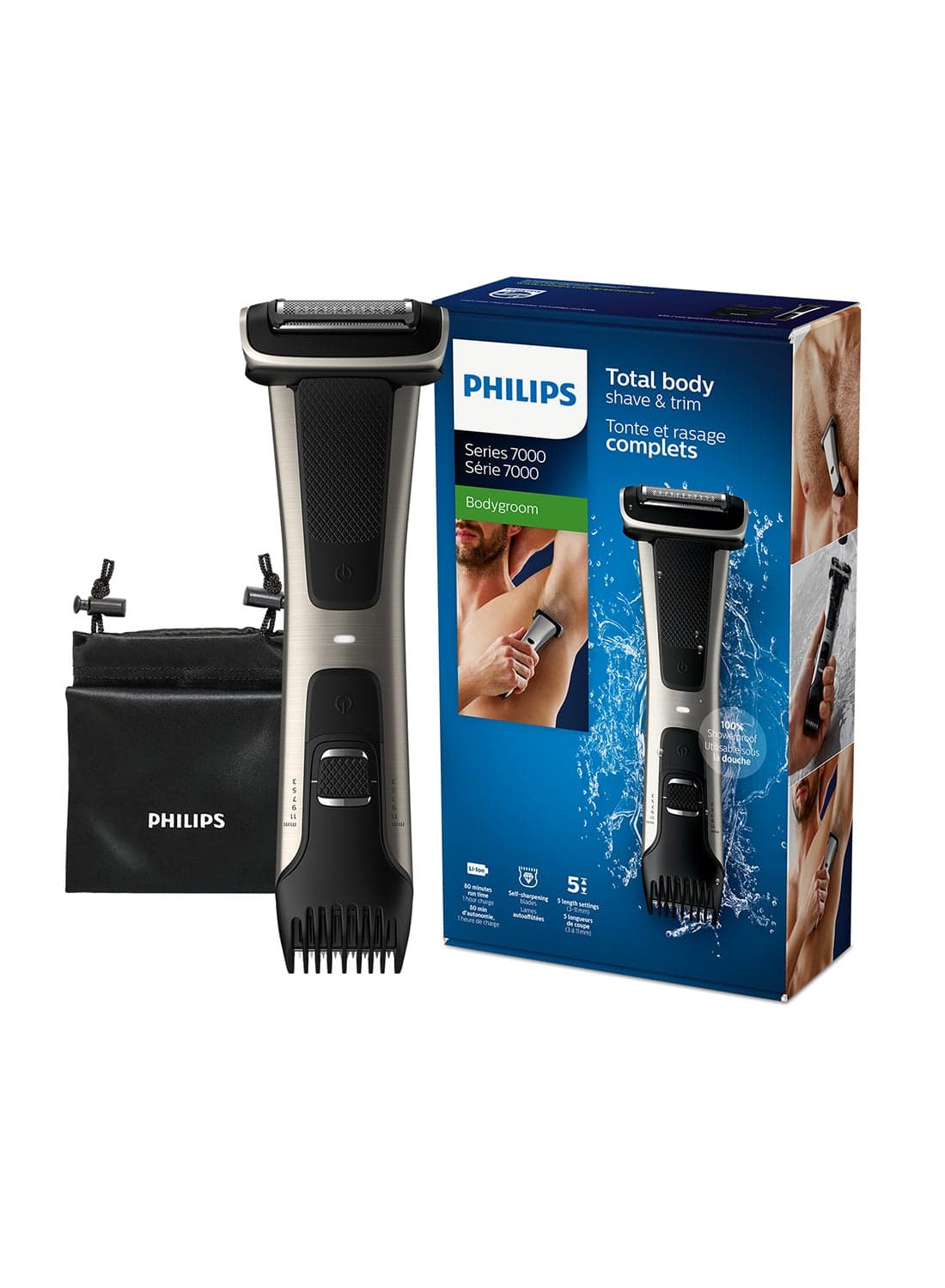 Bodygroom BG7025/13,Showerproof Groin & Body Trimmer,Body Shaver, 5-Length Adjustable Comb,80min Cordless, Skin Protection Black/BG7025/13