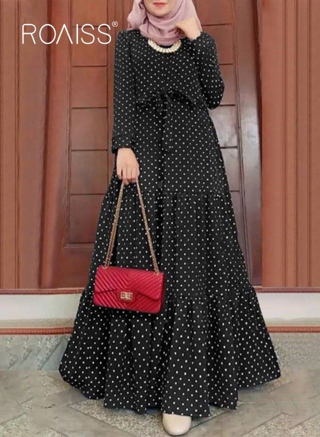 Women's Long Sleeve Vintage Polka Dot Robe Long Skirt Fashion Belt Large Hem Islamic Muslim Clothing Fashion Belt Sundress Party Robe Daily Wear for Ladies Black Round Collar