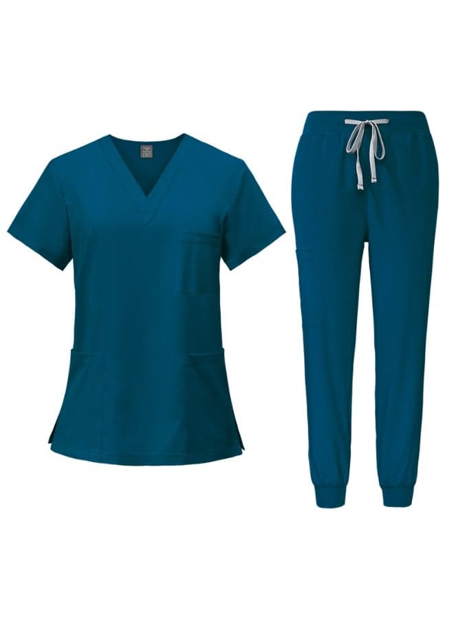 Men Women's Medical Scrubs Set V-neck Top & Tapered Leg Jogger Pants with Drawstring Medical Nurse Uniform for Hospital Scrub Suit Uniforms for Summer (Peacock Blue)