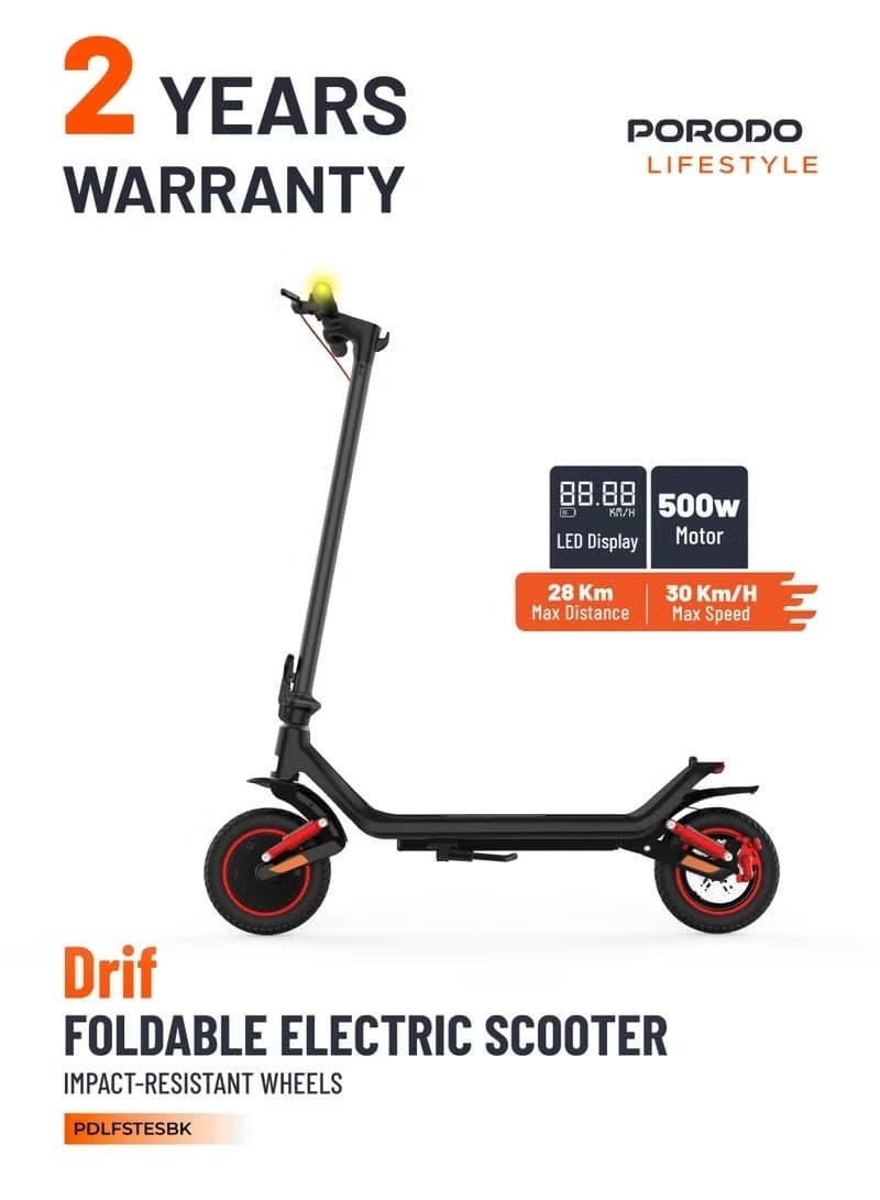 Porodo Lifestyle DRIF Foldable Electric Scooter, 500W Motor, 30 km/h Max Speed, 28 km Range, 10" Air & Honeycomb Solid Wheels, 120kg Max Load, IPX5 Water Resistant, Black