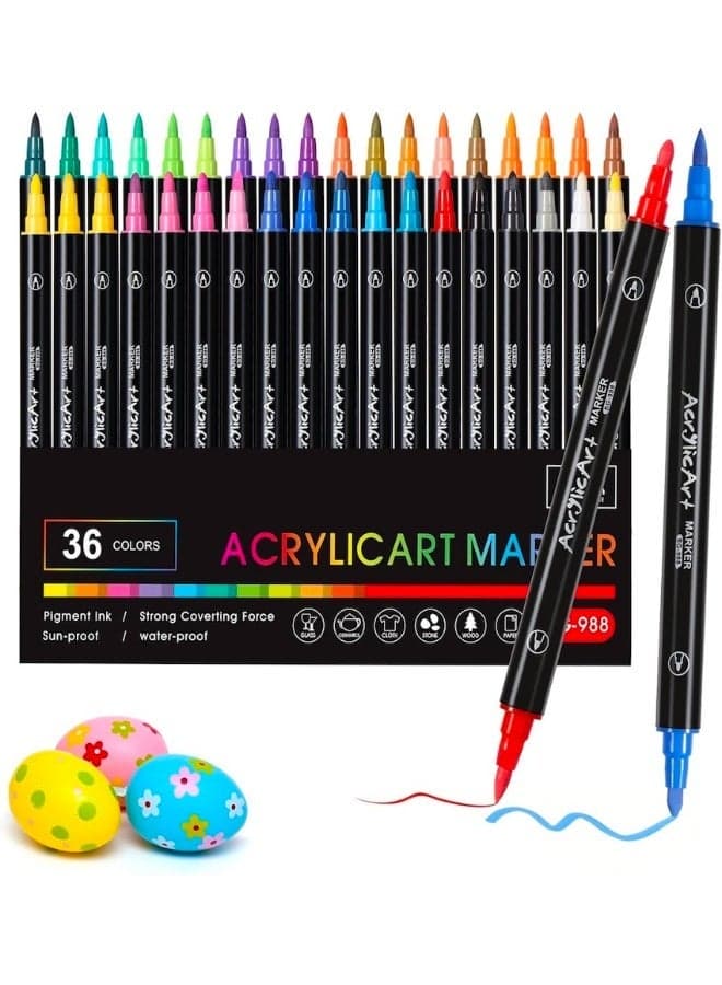 36-Piece Dual Tip Acrylic Paint Markers Set, Premium Non-toxic Multicolor Acrylic Paint Pens With Brush Tip and Fine Tip For Coloring Book, Rock, Wood, Canvas, Glass, Ceramic, Arabic Calligraphy and DIY Crafts Making Art Supplies