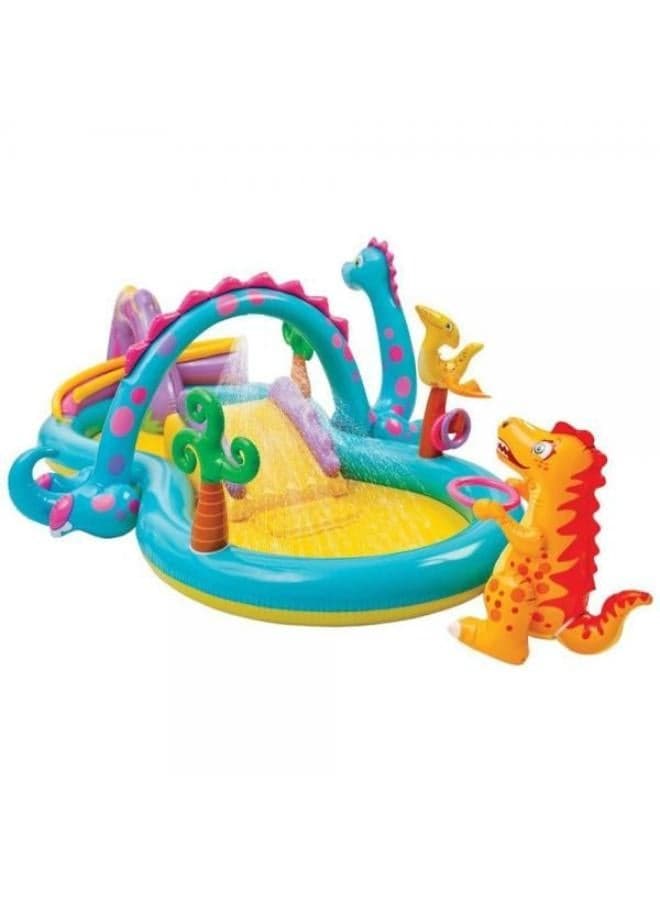 Dino Slide Inflatable Kids Pool with Water Spray – Dinosaur Play Centre with Slide, Ball Games & Sprinkler, Outdoor Water Fun Pool (302x229x112cm)