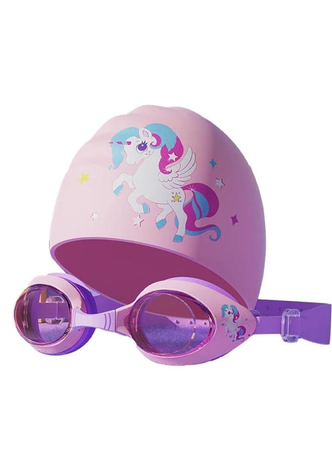 Swim Goggles, 4PCS Kids Swim Goggles, Elastic Silicone Swim Hat--Goggles - Nose Clip & Earplugs, Anti Fog No Leaking UV Resistant, Cute Underwater Goggles for Children, Purple