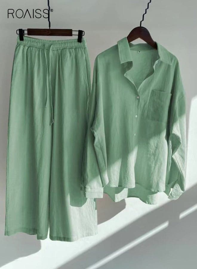 Ladies 2 Piece Set New Trend Fashion Classic Solid Color Cotton Linen Shirt Suit Summer Spring Plus Size Clothes for Women Breathable and Cool Long-Sleeve Lapel Shirt Loose Pants Aquamarine