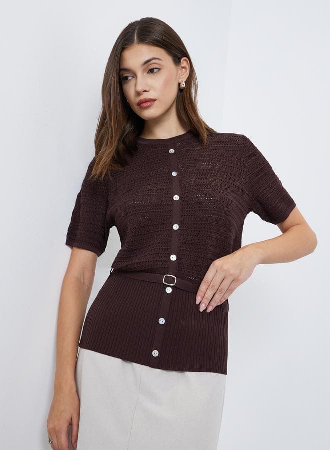 Styli Brown Knit Top with Belt