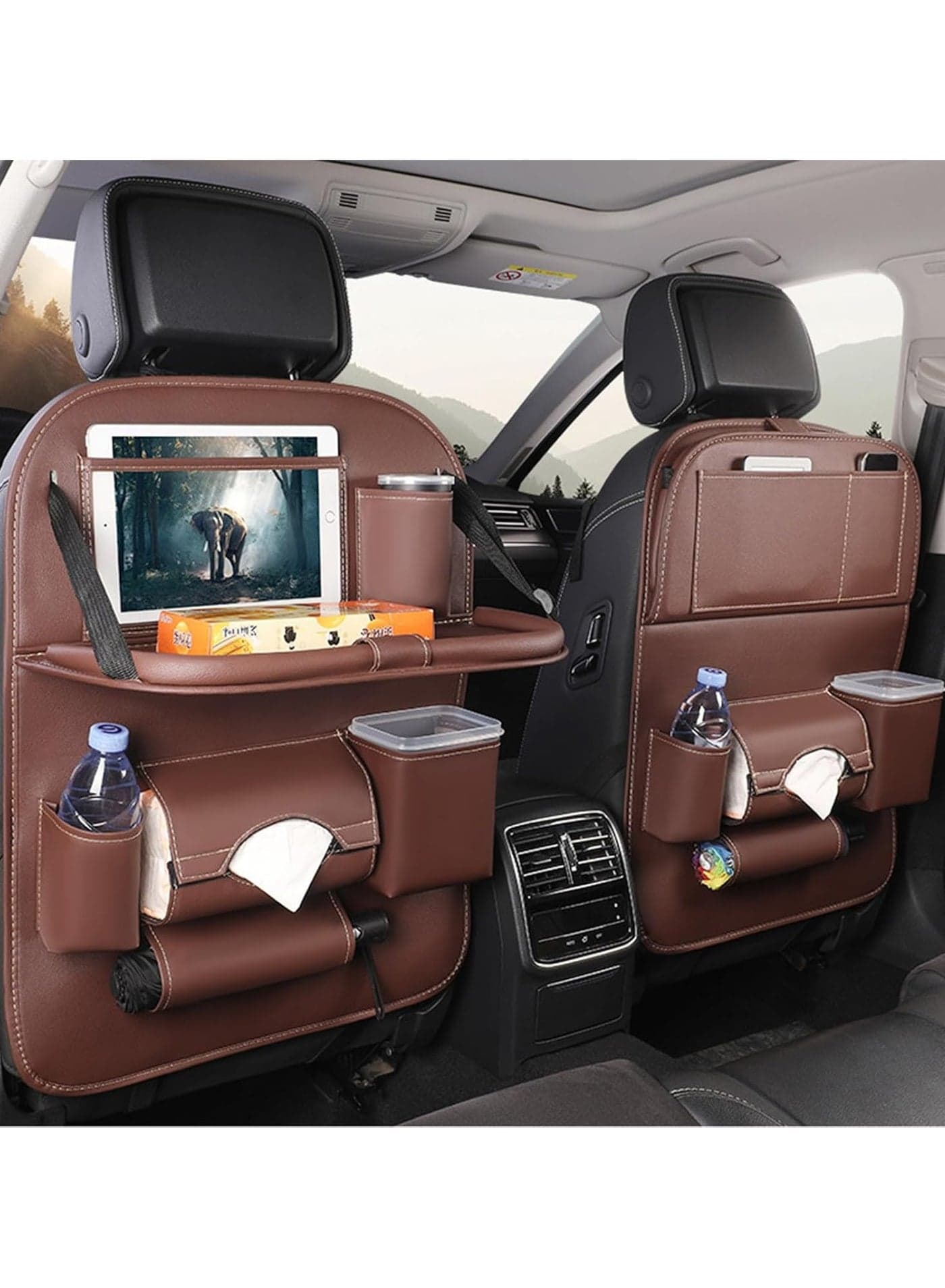 Car Backseat Organizer with Tablet Holder, Touch Screen Tablet Hanger Stand for Kids Toddlers and Storage, Cup Umbrella Tissue Holder, Kick Mats Protector Car Accessories Pack of 2 (Brown)