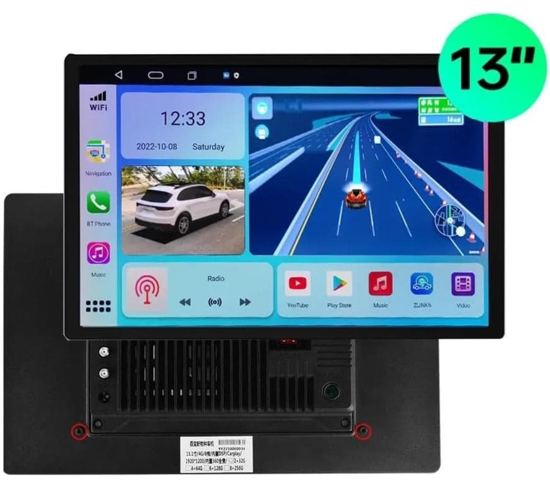 13 Inch Car Stereo Android Radio 4GB RAM Support Apple Carplay Android Auto Wireless QLED Fast Interface AHD Camera Included SIM Card Support Bluetooth 2Din Multimedia GPS