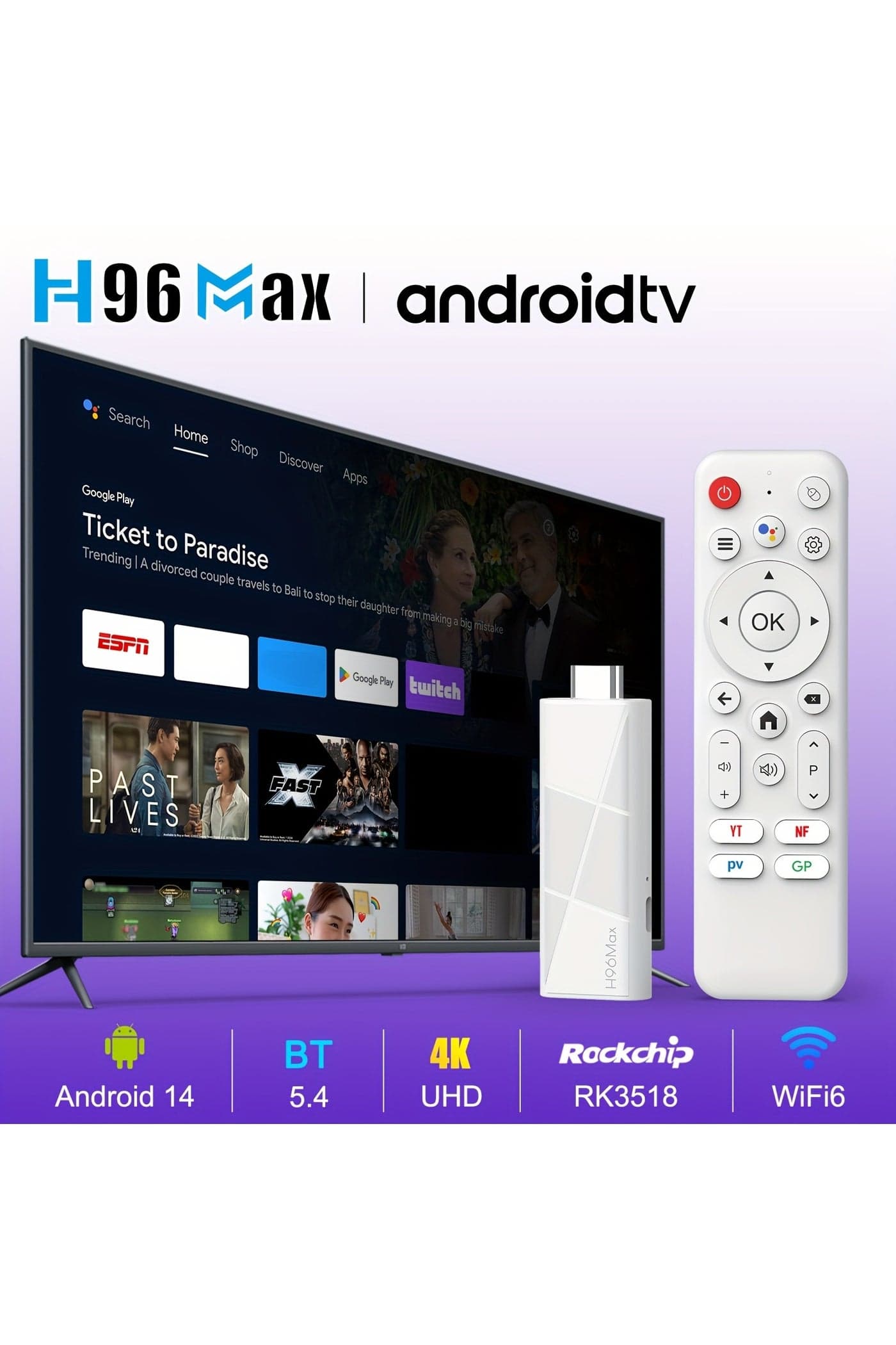 Android 14.0 TV Stick ATV, 2GB + 16GB RK3518 Mini Smart TV Box Streaming Media Player with Quad-Core WiFi6 & 2.4G/5G & Wireless 5.4, 4K@60fps Streaming, HDTV Output,Voice Control Smart Home Player
