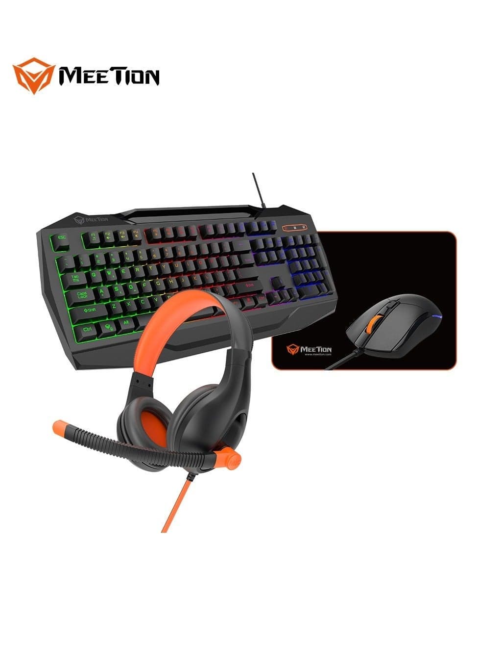 Meetion 4 IN 1 Combo PC Gaming Kits C490, 3.5mm Stereo Headset, USB Multimedia Keyboard With Colorful Backlit Gaming Mouse, Gaming Mouse Pad, Max.2400dpi With Breathing Backlit (English+Arabic, Black)