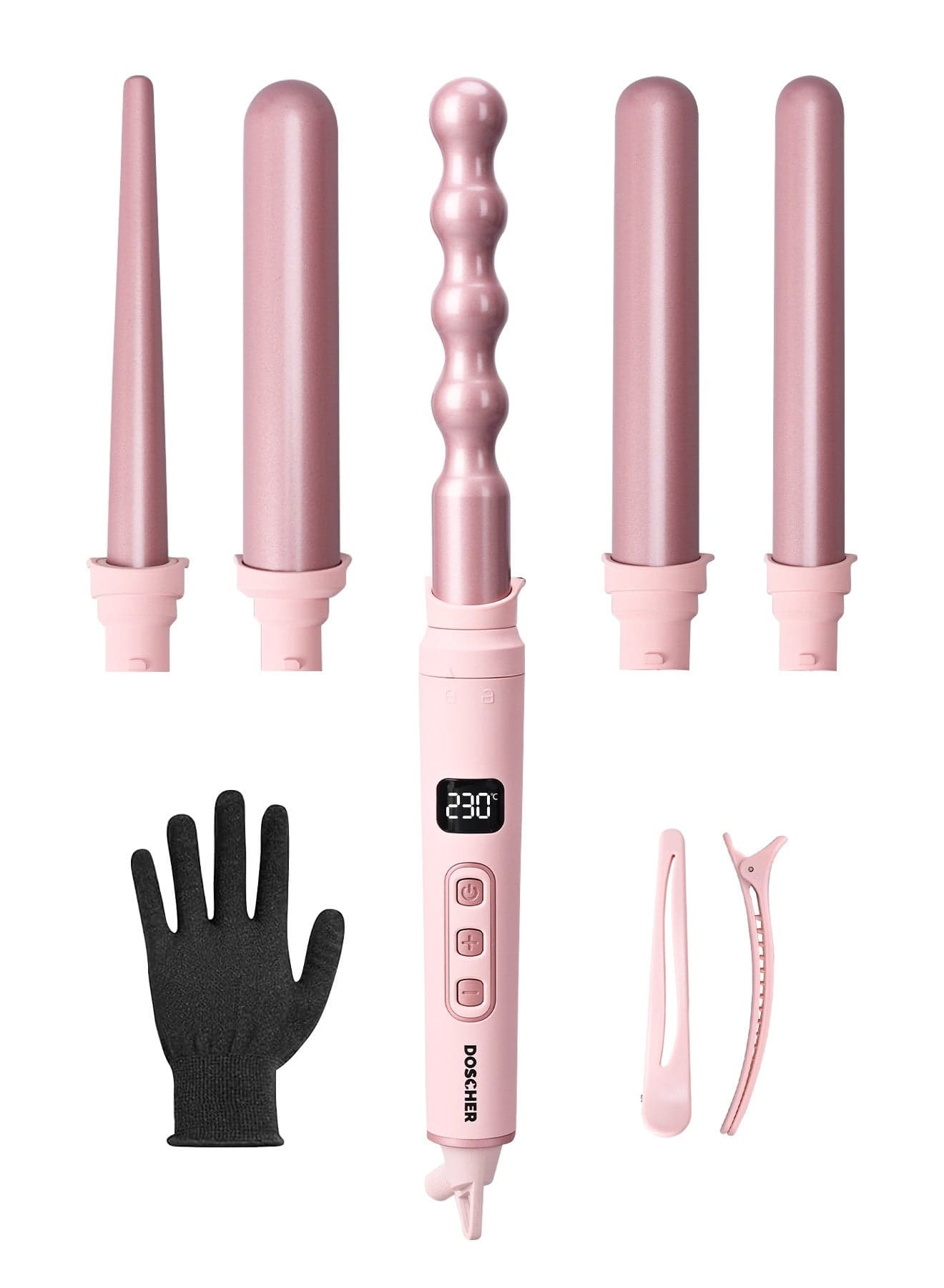 5 in 1 Curling Iron Set – Professional Hair Curler with 5 Interchangeable Ceramic Barrels, Multi-Temperature Control up to 230℃, Dual Voltage Curling Wand for Women, Travel & Gift Set with Heat Glove & Clips