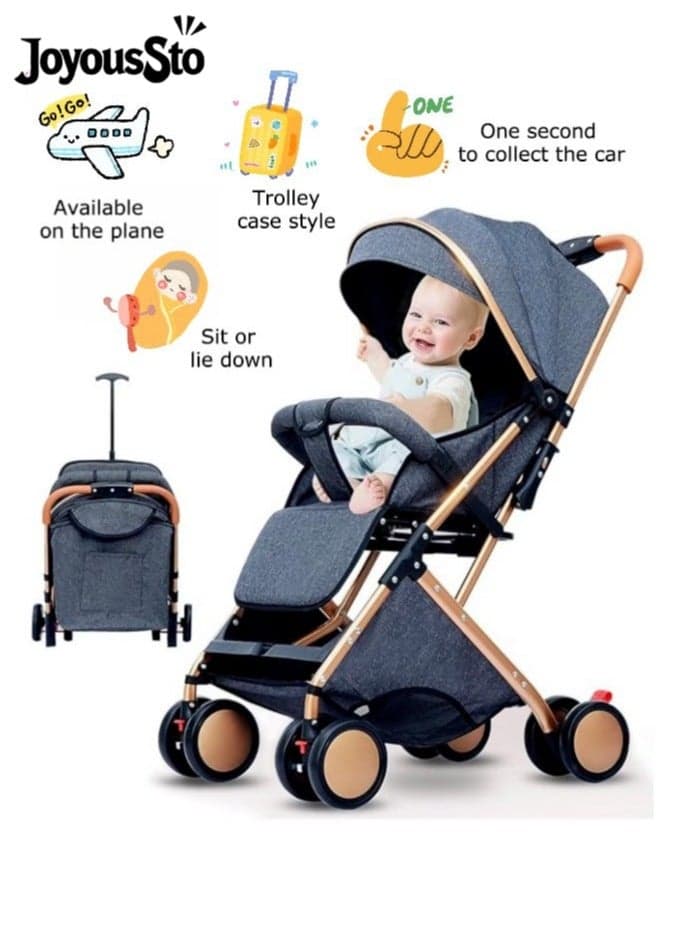 A high-view, convenient stroller that can be folded with one hand, can be sat or laid down, has a multi-point safety system, can be easily carried on the plane and stored - Grey
