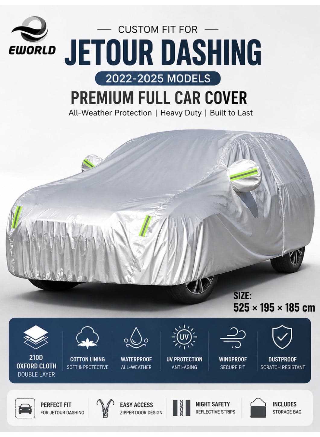 Jetour Dashing Car Cover 2022–2025 – Waterproof 210D Oxford Cloth Full Car Cover | UV Protection | Windproof | Dustproof | Zipper Door | SUV All-Weather Cover