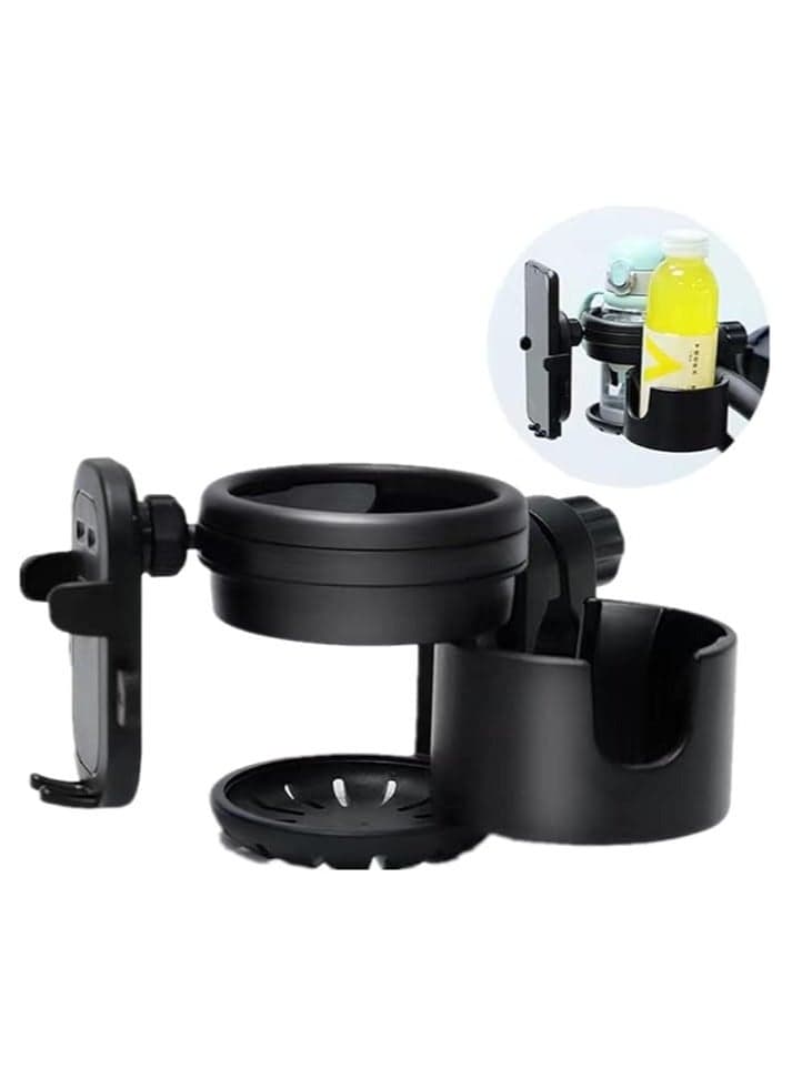 Cup Holder, Upgraded Universal 3-in-1 Cup Holder with Phone Holder Organizer, Accommodates two cups, 360° Rotation, One-hand Operationm, for Stroller, Bike, Walker, Wheelchair, Scooter