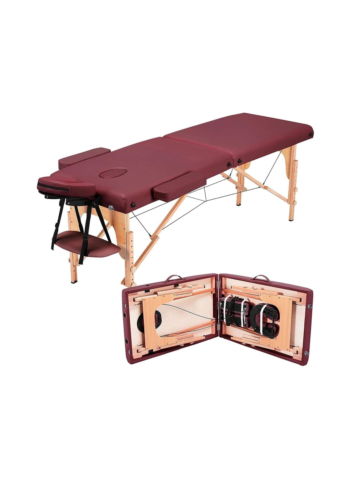 Heavy Duty Portable Massage Table 225kg Load, Foldable Beech Wood Spa Bed with Adjustable Height, Ergonomic Headrest & Carry Bag