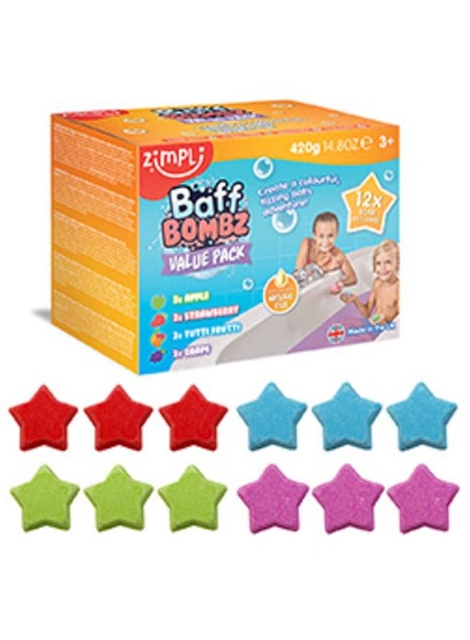 Zimpli Kids STAR BAFF BOMBZ Value Pack, 420 g, 12 Star-Shaped Fizzing Bath Bombs, Colour Changing Bath Time Fun, Skin Safe, Drain Safe, Easy Clean, Stain Free, UK Made