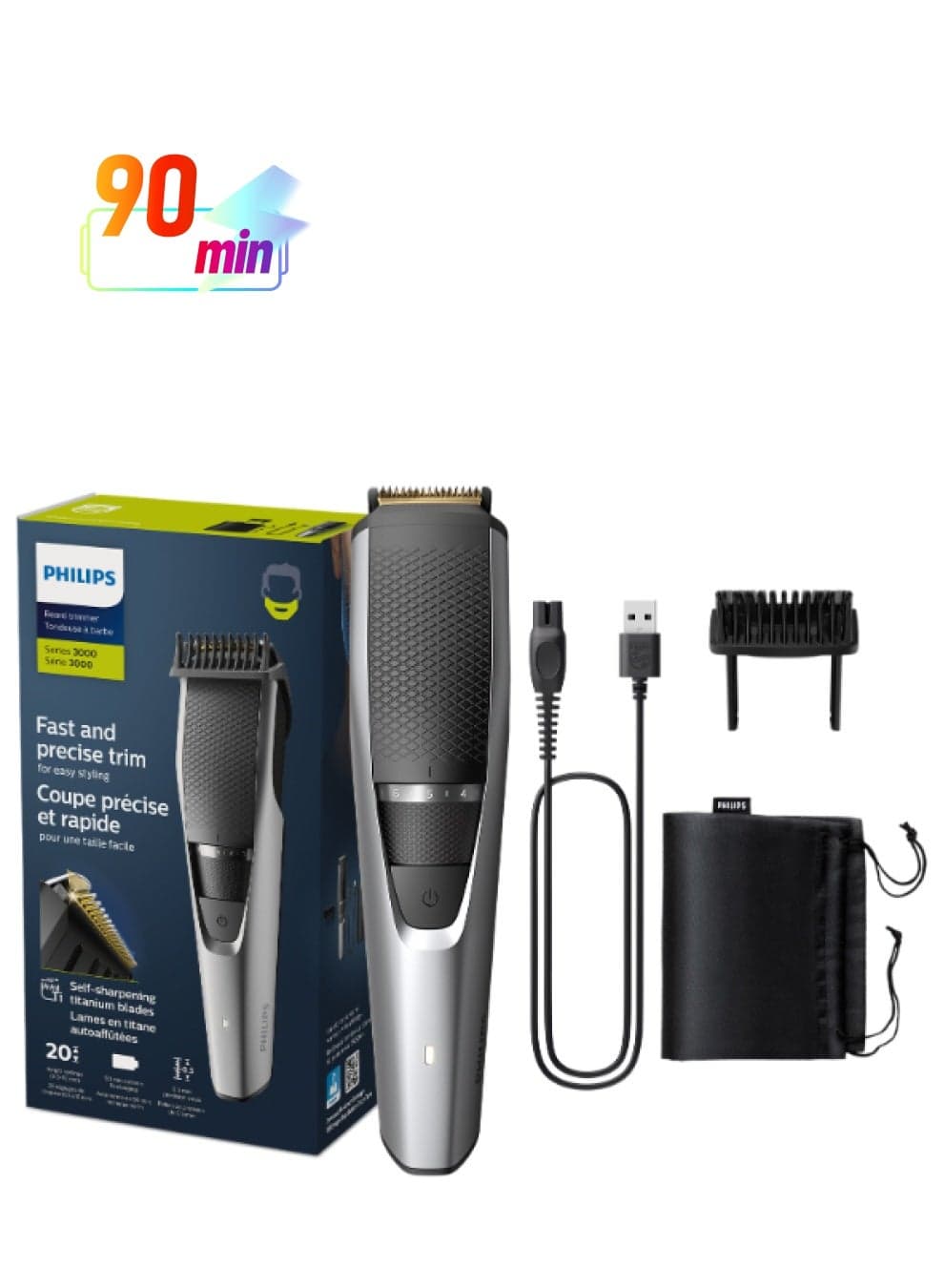 Beard Trimmer BT3232/15,Precision Beard Styling for Effortless Grooming,20 Length Settings, Maintenance-Free Blades, No Oil Required,90min Cordless Use, Battery Indicator Multicolour