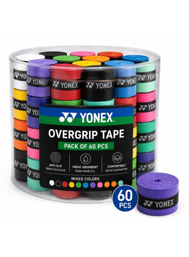 Overgrip Tape Pack of 60 Pcs Mixed Colors Anti-Slip Sweat Absorbent Grip for Tennis Badminton Squash Rackets
