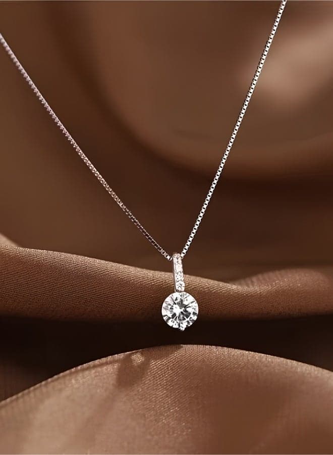 White Gold Plated Minimalist Rhinestone Necklace for Women – Elegant Korean Style Single Sparkling Stone Pendant, Chic Everyday & Gift Jewellery