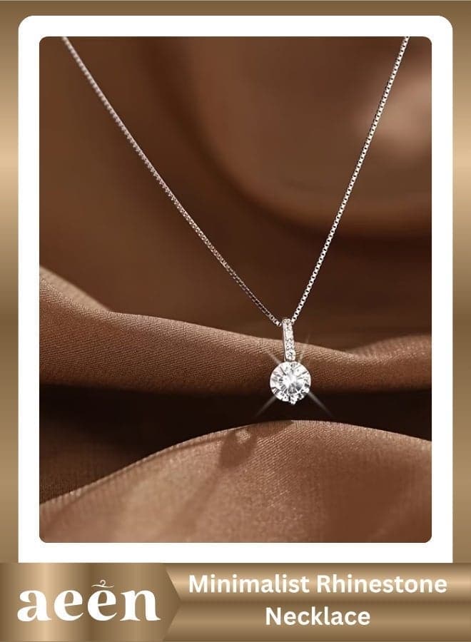 White Gold Plated Minimalist Rhinestone Necklace for Women – Elegant Korean Style Single Sparkling Stone Pendant, Chic Everyday & Gift Jewellery