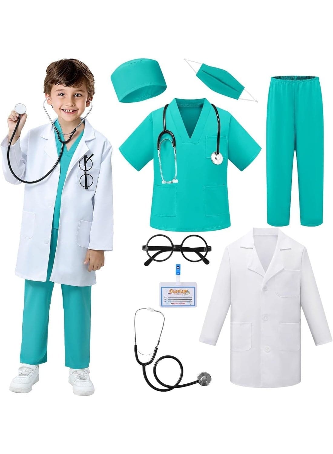 YOUWE7 Doctor Costume for Kids Scrubs for Girls Boys,8PCS Pretend Play & Dress Up Clothes for Kids, Costumes for Girls Doctor Kit for with Accessories, for 3-12 Toddler Little