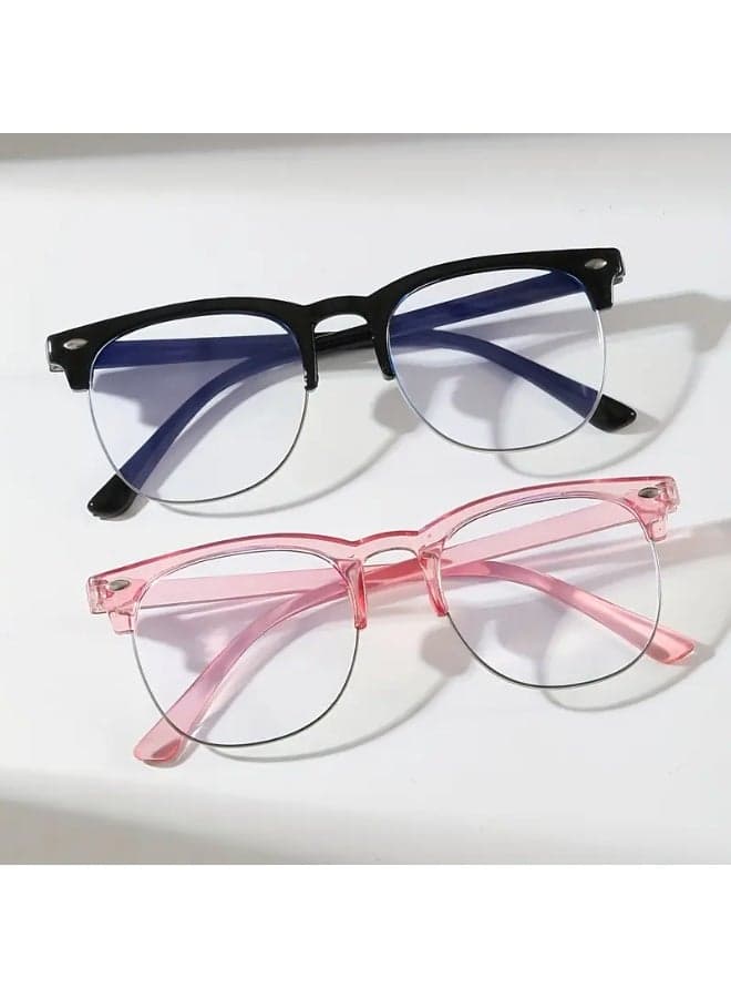 2pcs Non-Prescription Square Frame Round Lens Glasses for Women and Men Lightweight PC Eyewear for Parties Photos and Casual Wear Includes Eyeglass Case