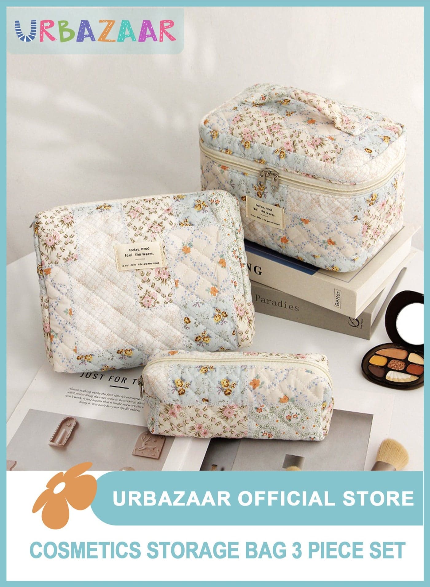 3PCS Makeup Bag Set,Cotton Quilted Makeup Bag,Floral Large Travel Cosmetic Bag,Flower Travel Toiletry Bag, Cute Aesthetic Toiletry Bag for Women Girls