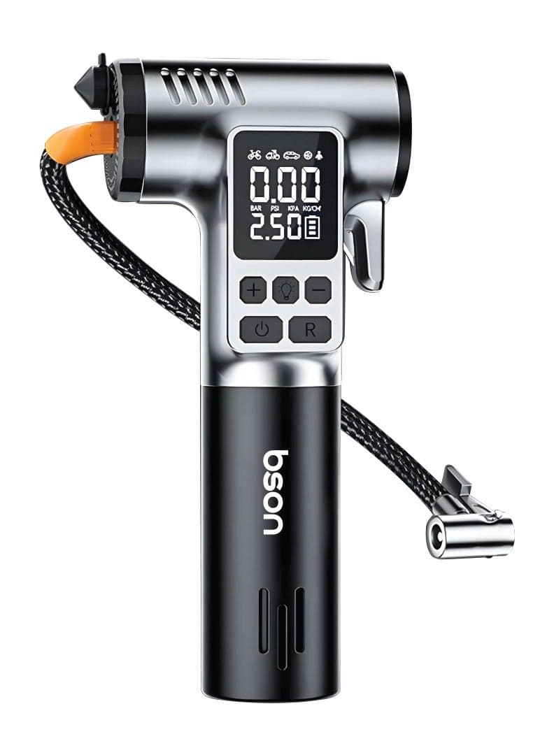 Hammer 4-in-1 Portable Tire Inflator with 150 PSI Air Pump, Type-C Charging, LED Flashlight, Seat Belt Cutter & Glass Breaker - Compact Emergency Tool for Car, Bike & Outdoor Use